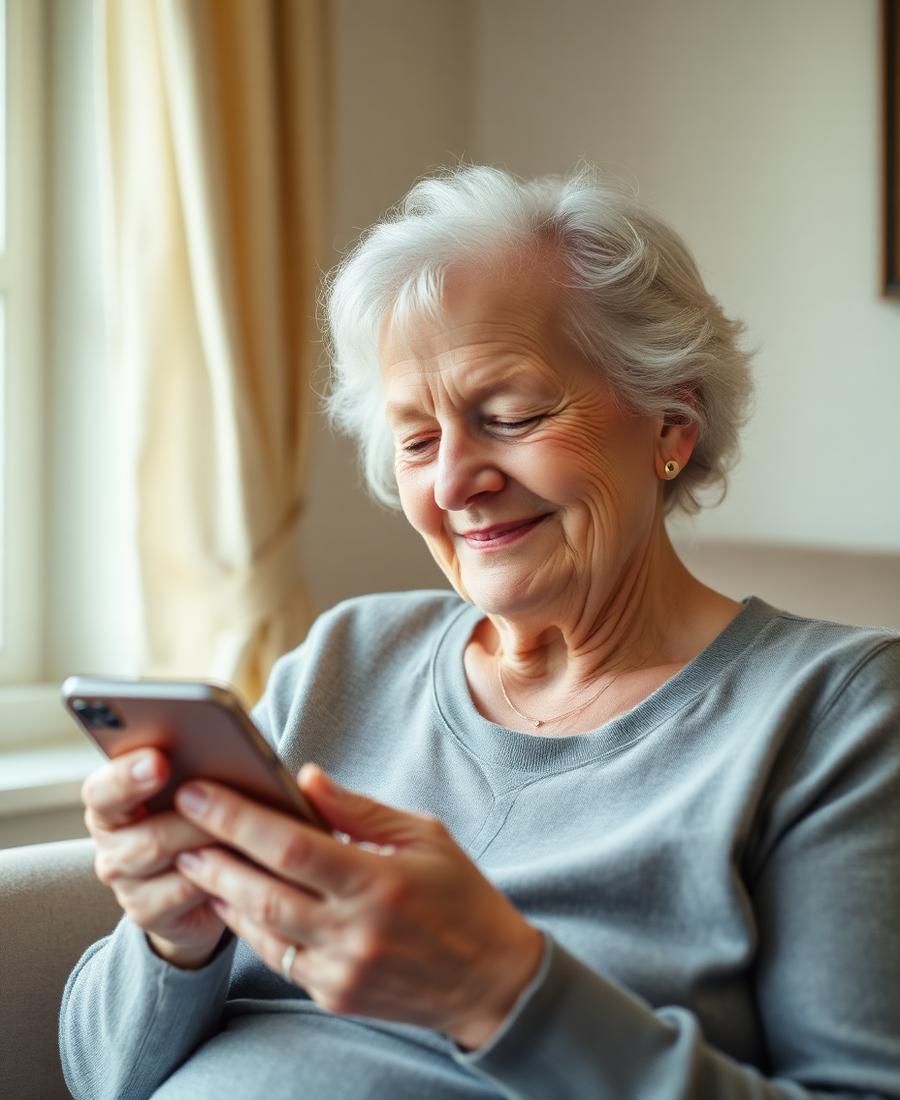 Grand-mère émue en découvrant une Intention® sur son téléphone